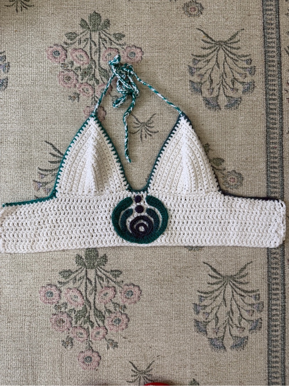 Handmade Crochet Bralette with Green Appliqué